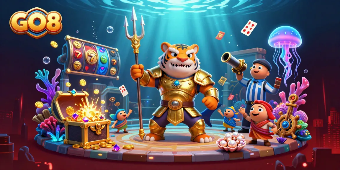 GO8 showcases a lively underwater casino scene with a shark gladiator among floating slots.