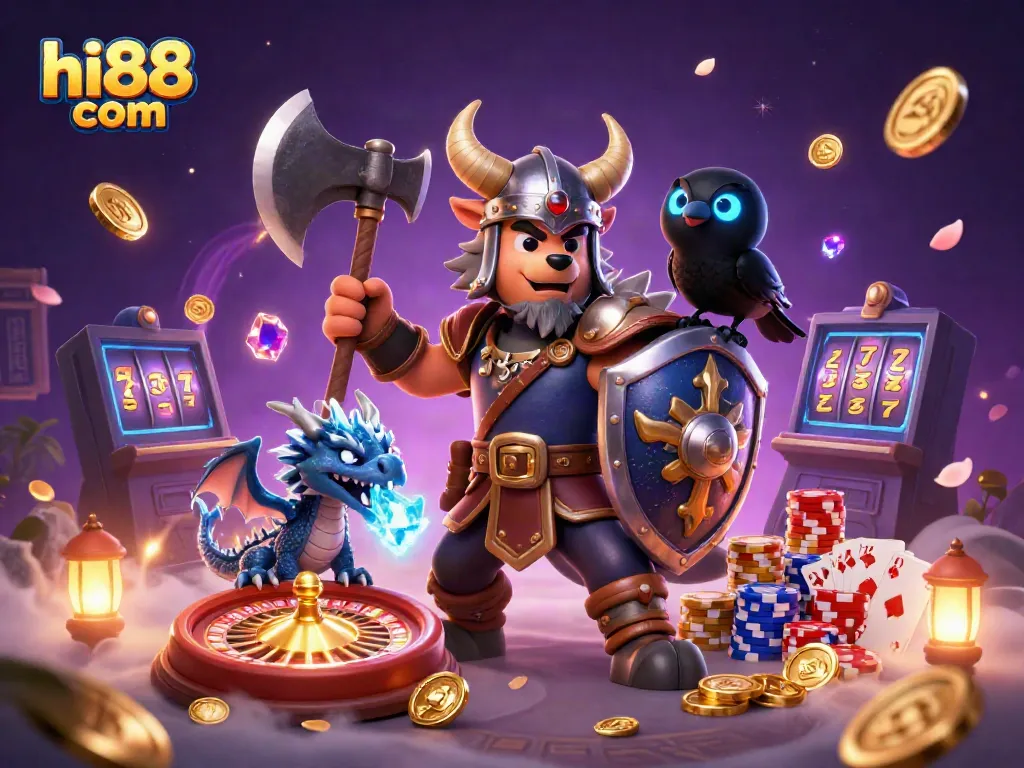 Engage with hi88 com's thrilling casino atmosphere featuring a Viking wolf warrior and magical creatures.