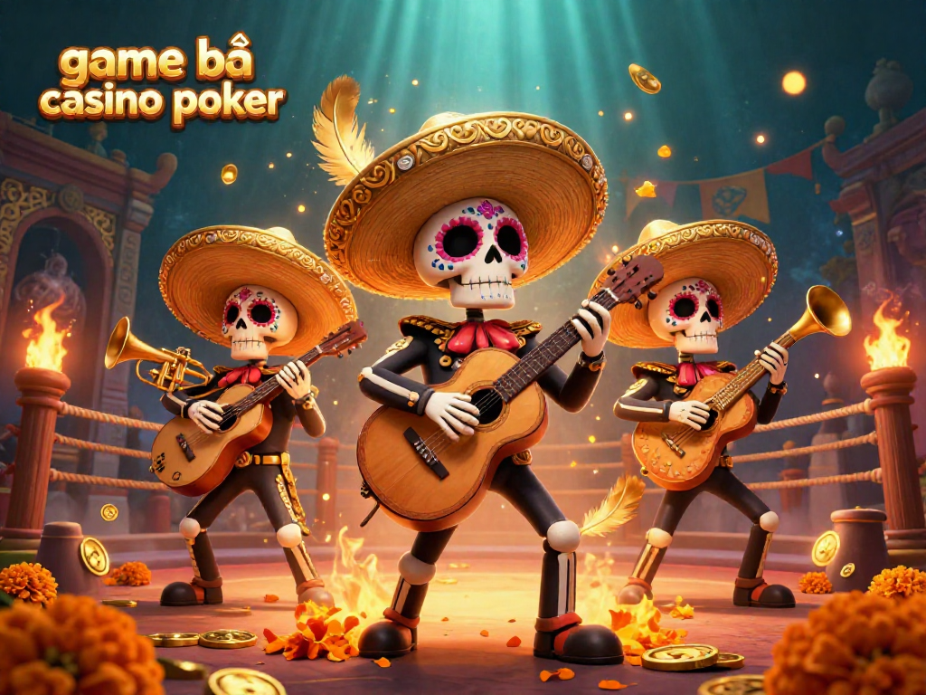 Experience game bài casino poker with a vibrant 3D mariachi scene, gold coins, and festive elements.