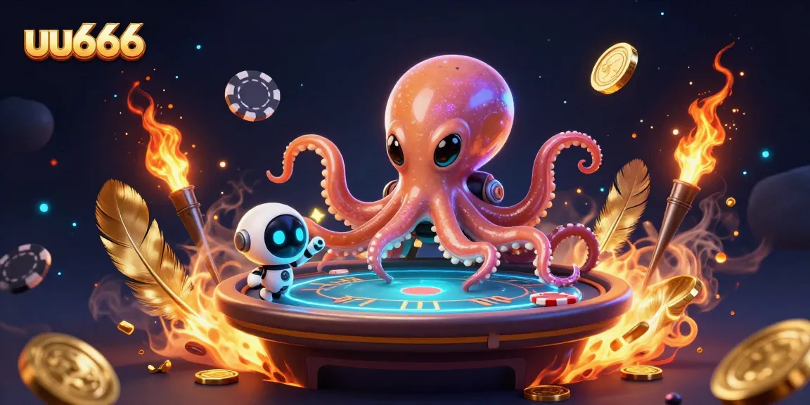 uu666 alien octopus gaming at a holographic poker table with vibrant casino elements