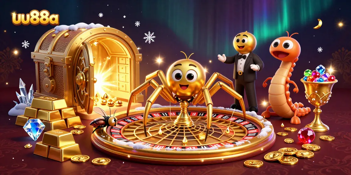 Engage in thrills at uu88a with a golden spider and croupier in a vibrant casino scene.