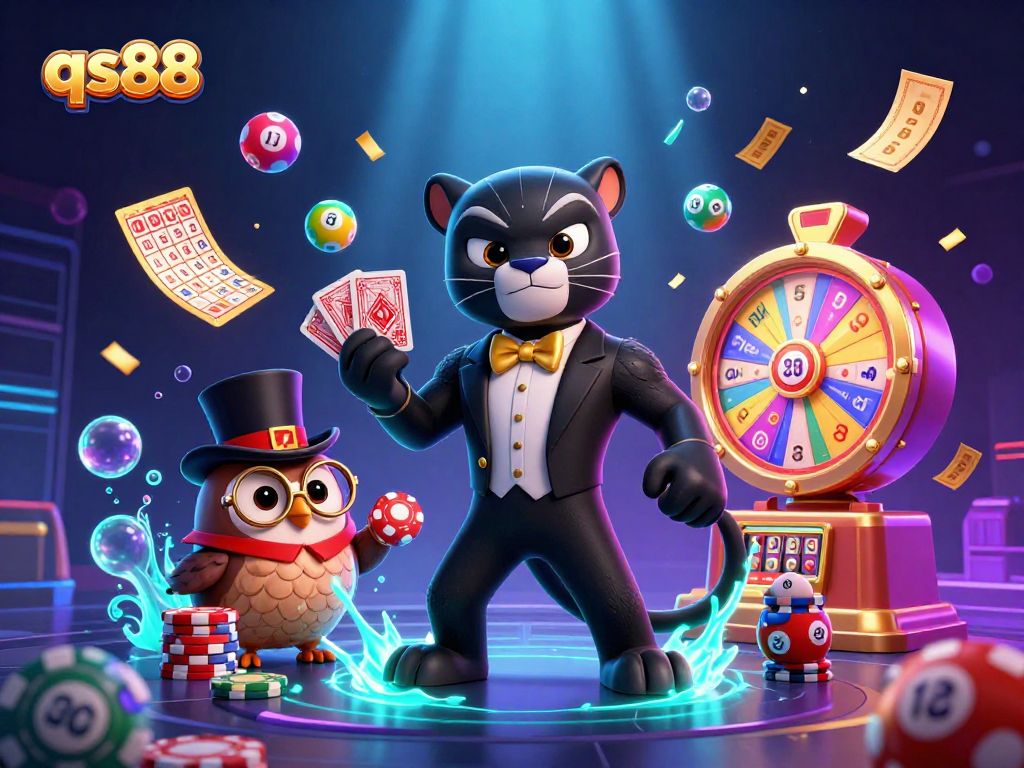 Enjoy excitement at qs88 with a dynamic 3D scene featuring a tuxedo panther, top-hat owl, and lucky mouse.