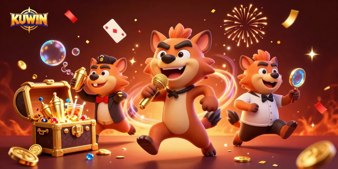 KUWIN's vibrant casino scene showcasing hyenas in a comedy club, ready to entertain gamblers.