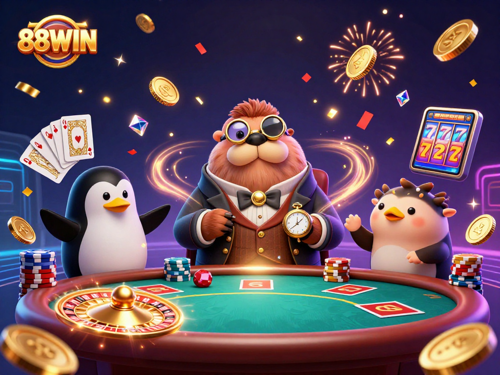 Experience the thrill of 88WIN's underwater casino with playful characters in a lively poker scene.
