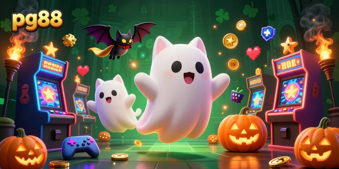 pg88 gaming action featuring a ghost cat in a haunted casino, bat companion, and glowing poker jack-o-lanterns