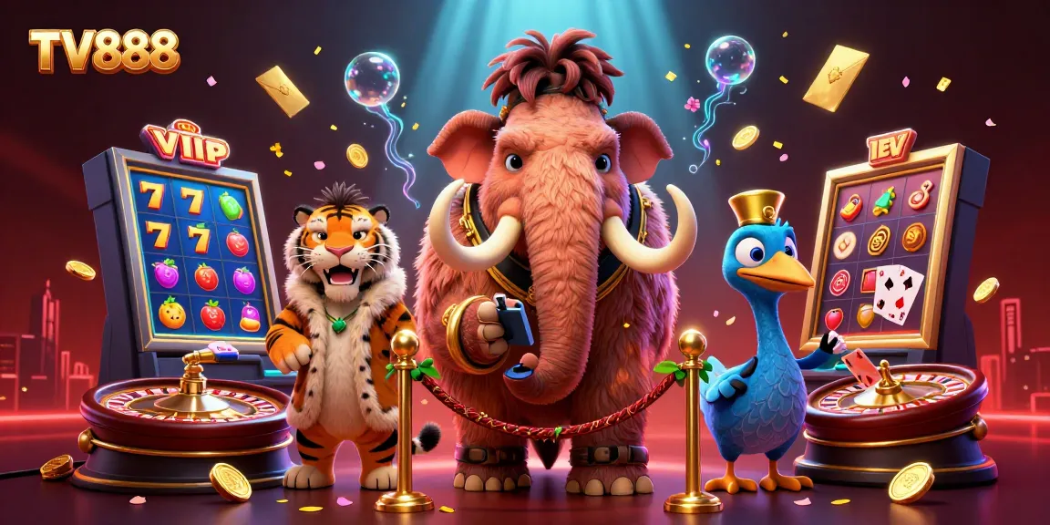 Engage with the thrilling atmosphere of TV888 where a woolly mammoth bouncer oversees the exciting casino scene.