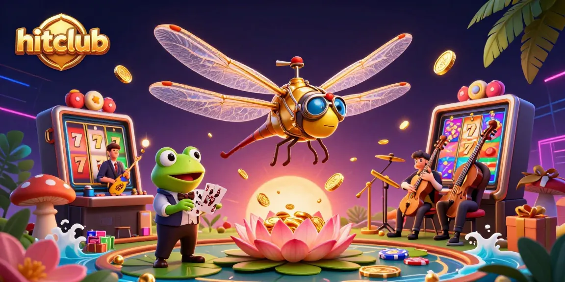Experience hitclub's vibrant online gaming with an energetic dragonfly pilot, frog dealer, and slot games overflowing with gold coins.
