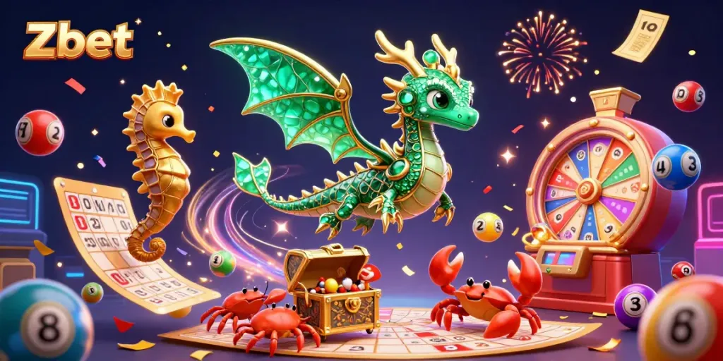 Zbet's dynamic sea dragon scene with colorful lottery elements, bingo cards, and festive confetti.