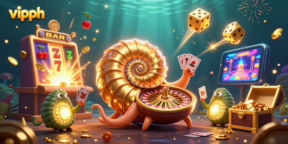 Experience exciting gameplay at vipph with a vibrant 3D illustration of a nautilus roulette wheel surrounded by slot games and casino elements.