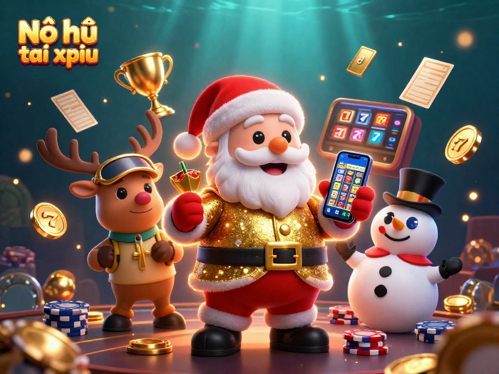Nổ hũ tài xỉu showcases a vibrant 3D casino scene with Santa and friends amidst jackpot elements.