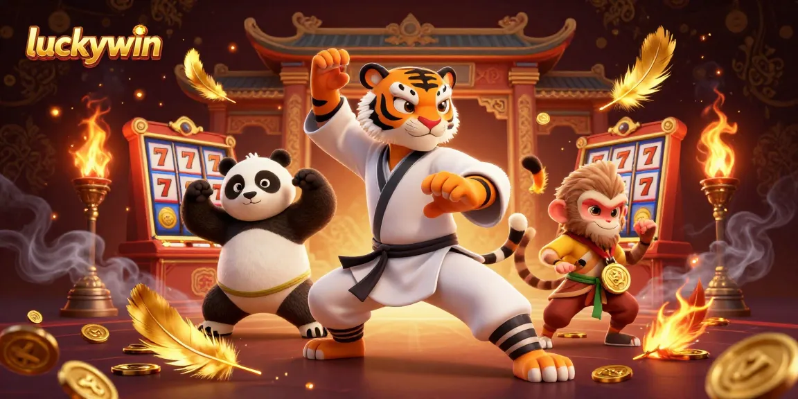 Experience luckywin in this dynamic 3D scene with vibrant slot machine elements.