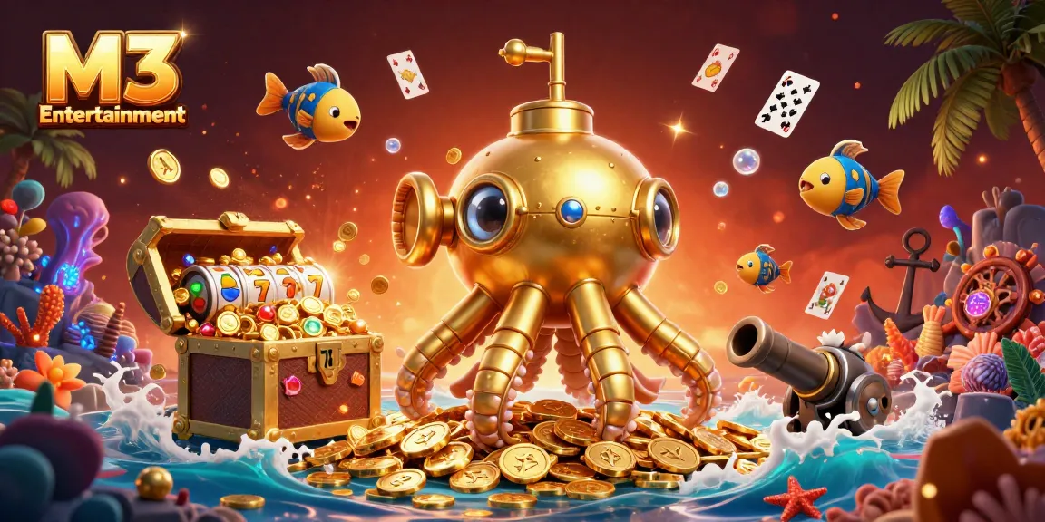 M3 Entertainment showcases an advanced 3D scene blending a golden kraken submarine and gambling elements.