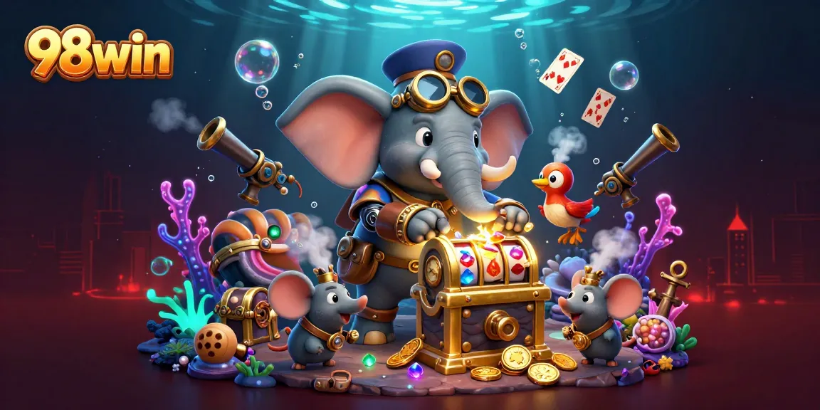 Spin the reels at 98win with a vibrant casino scene featuring an elephant engineer and dynamic elements.