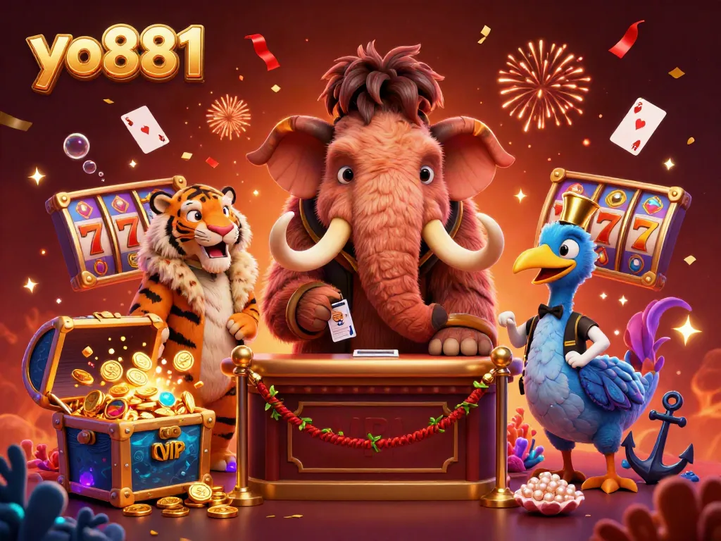 Engage with thrilling slot action at yo881 featuring unique characters at a casino entrance.