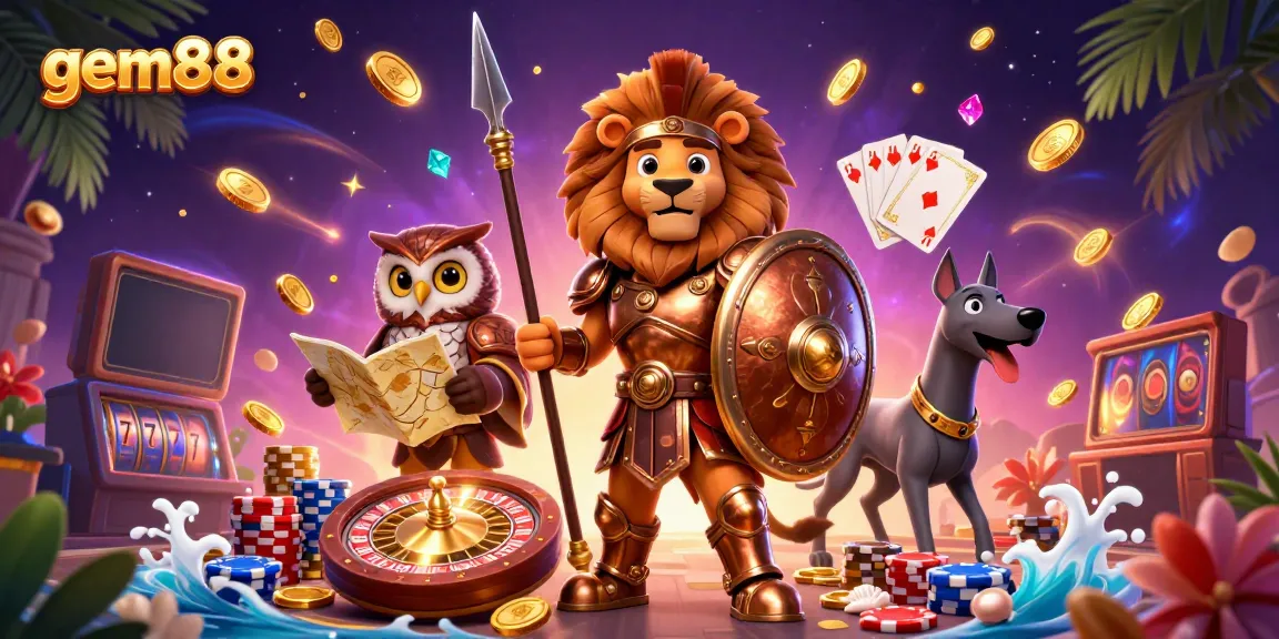 Spin the reels at gem88 with a lively 3D casino scene featuring a Spartan lion and treasures.