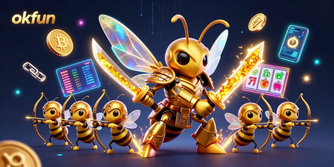 Experience okfun with a vibrant 3D casino scene featuring dazzling elements and a dynamic hornet character.