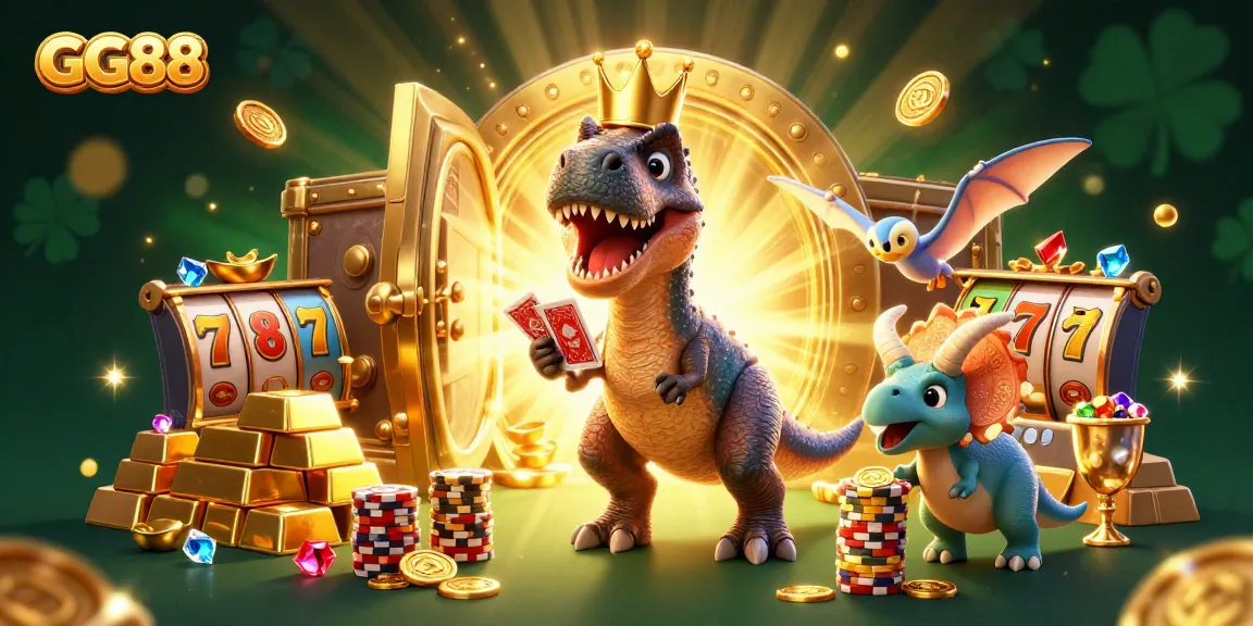 Engage with GG88’s exciting 3D casino world featuring a T-Rex and friends amidst jackpots and treasures.