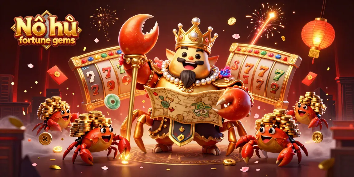 Experience the thrill of Nổ hũ fortune gems with a captivating illustration featuring a golden crab emperor and 3D slot game elements.