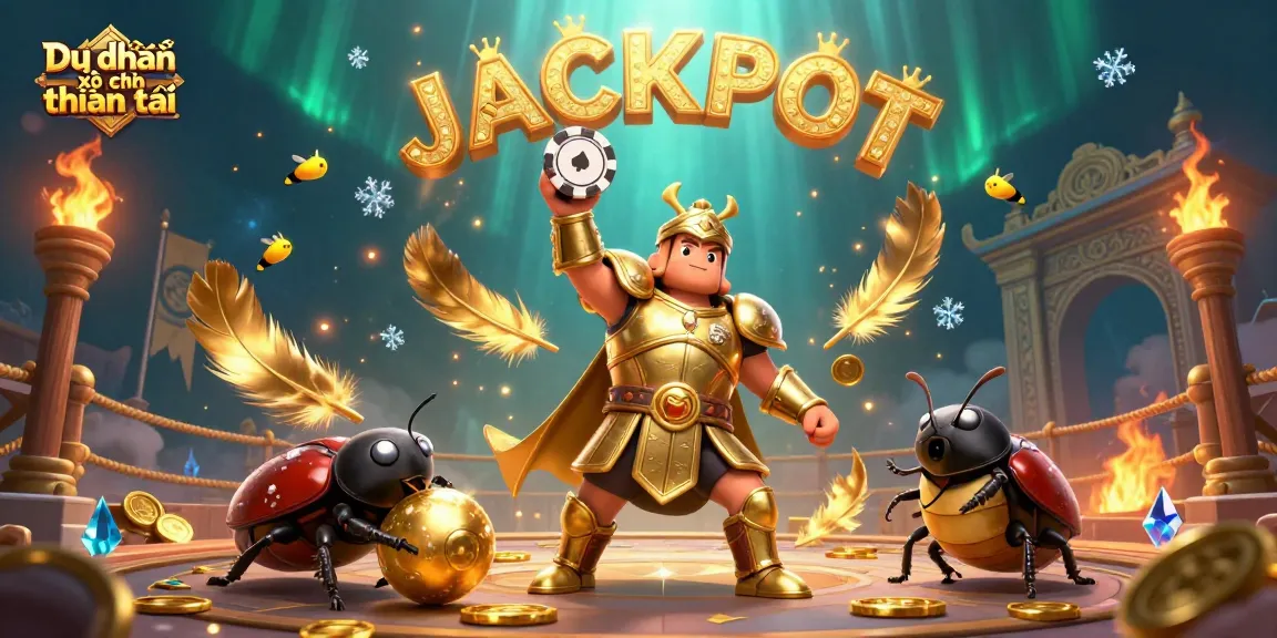 Dự đoán xổ số thần tài showcases a beetle in armor with a jackpot spell in a casino scene