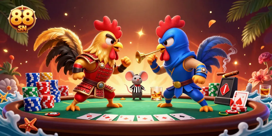 Experience thrilling gameplay at 88 SN with epic rooster duels and vibrant poker elements.