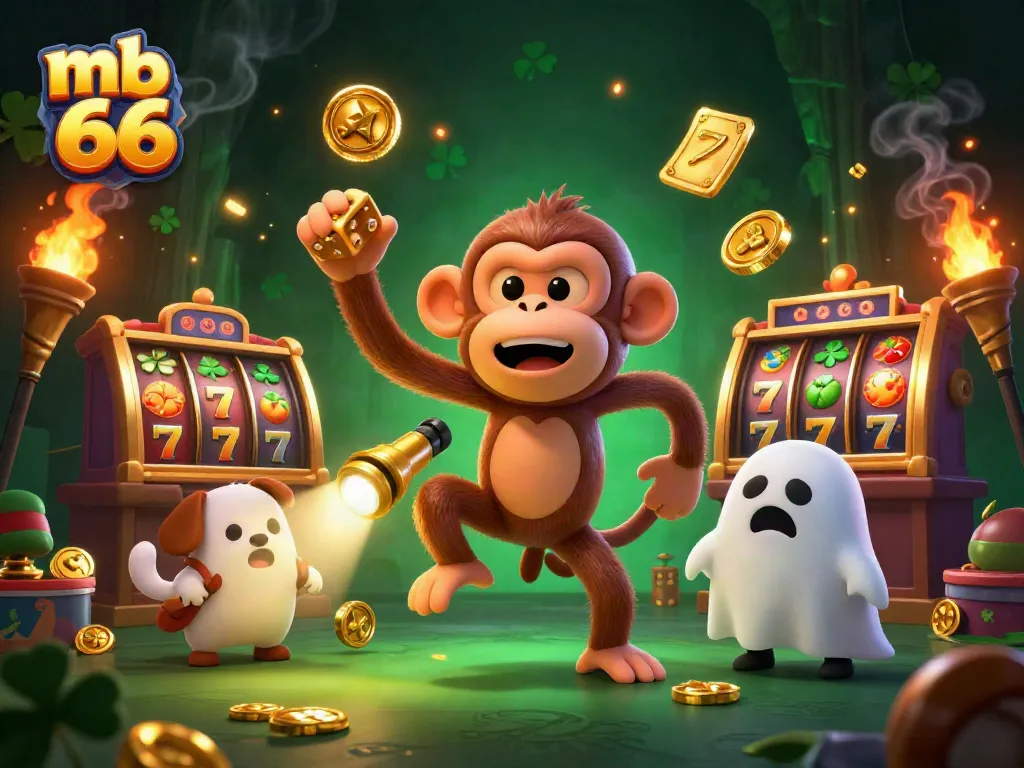 Play mb 66 in a haunted casino with a jovial poltergeist monkey and curious puppy tracking it.