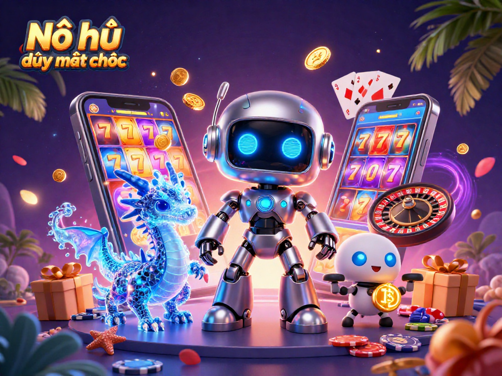 Nổ hũ đường mạt chược showcases a vibrant 3D scene with a cyberpunk robot and games galore.