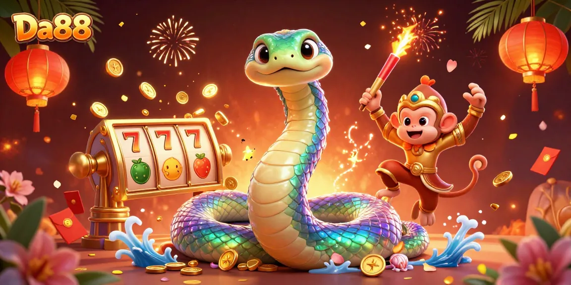 Engage with Da88's vibrant world featuring a golden monkey king and a rainbow serpent in a casino scene.