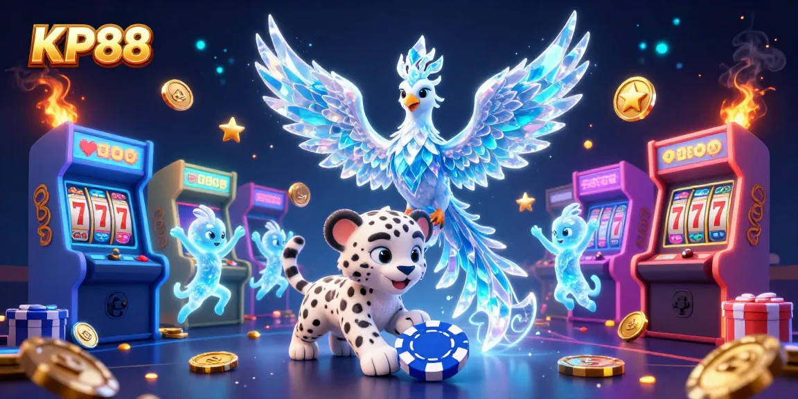 KP88 showcases a vibrant scene with an ice phoenix and playful snow leopard cub engaging in thrilling casino adventures.