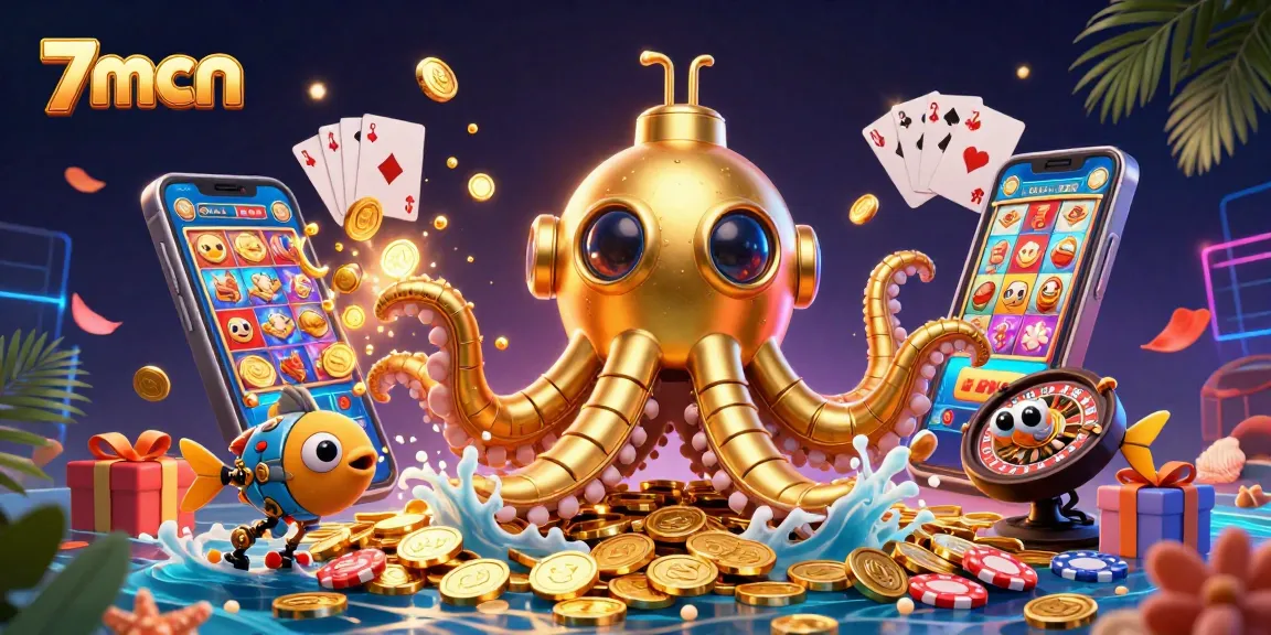 Engage with dynamic 7mcn gaming action featuring a golden kraken submarine amidst casino excitement.