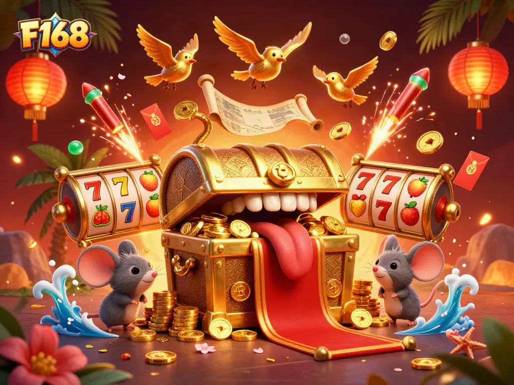 Engage with the F168 gaming adventure, featuring a golden treasure chest luring players in a vibrant casino scene.