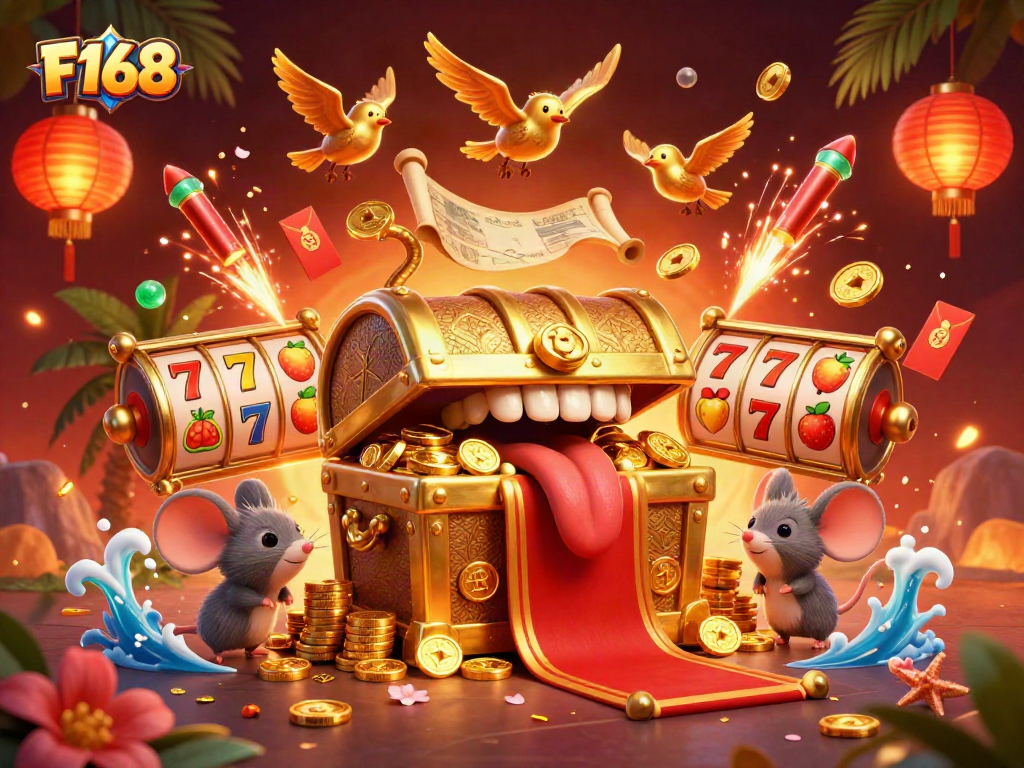 Engage with the F168 gaming adventure, featuring a golden treasure chest luring players in a vibrant casino scene.