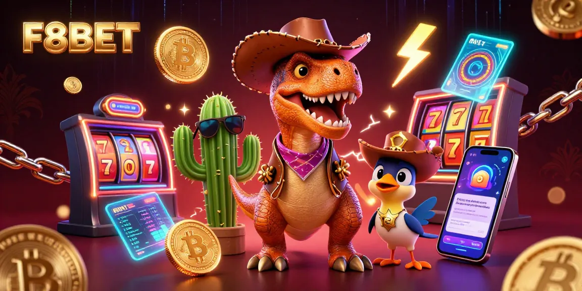 Engage with F8BET's thrilling casino adventures featuring animated characters and crypto elements.
