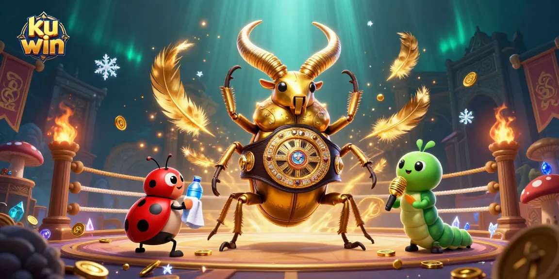 ku win transforms the gambling arena with a giant golden stag beetle in action, rich game elements around.
