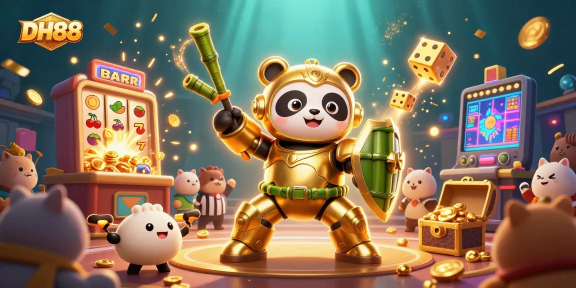 Join the excitement at DH88 with a vivid 3D illustration of a panda in a mech-suit commanding a bamboo robot in a vibrant casino.