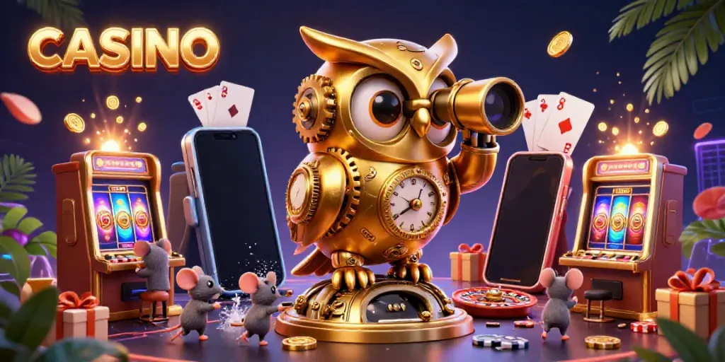 Engaging 3D casino illustration showcasing a golden owl, scurrying mice, and exciting gaming elements.