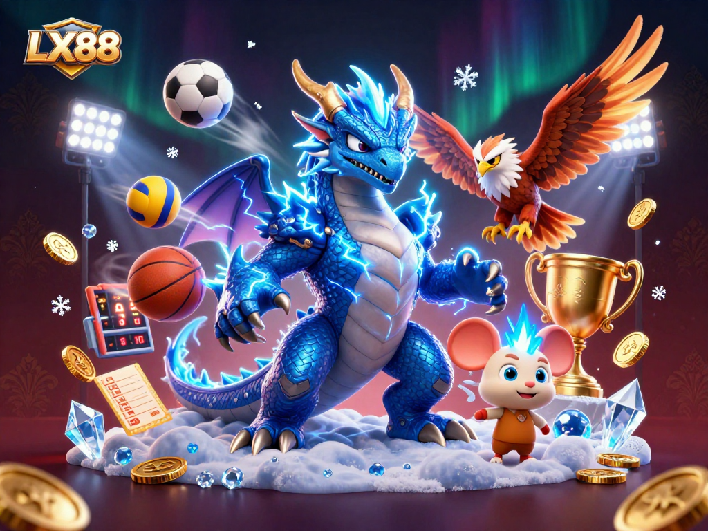 Bet on LX88 with exciting fantasy characters in a dynamic casino scene filled with sports elements.