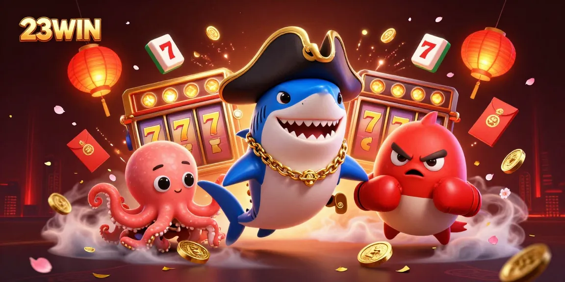 Win big with 23WIN! A vibrant casino illustration featuring playful marine characters and dazzling slot games.