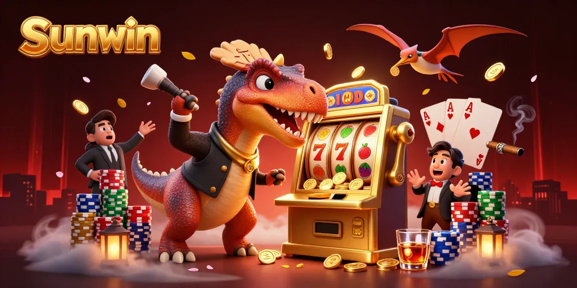 Sunwin brings excitement with a pachycephalosaurus winning at slots while a casino manager panics.