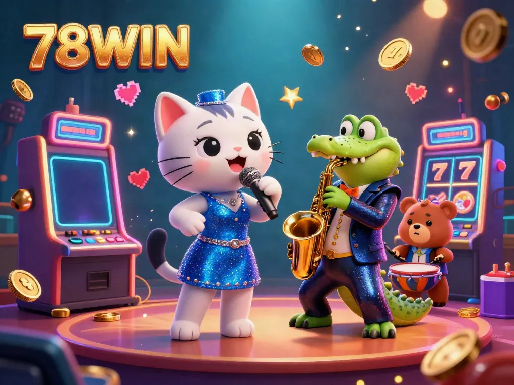 Experience the excitement with 78WIN: a vibrant casino scene featuring a jazz-singer cat, saxophone crocodile, and drum-playing bear.