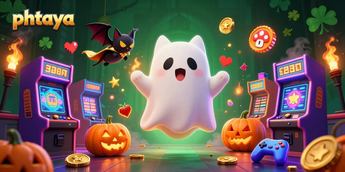 PHTAYA illuminates the haunted casino mansion with a friendly ghost cat and vampire bat amidst vibrant gaming elements.