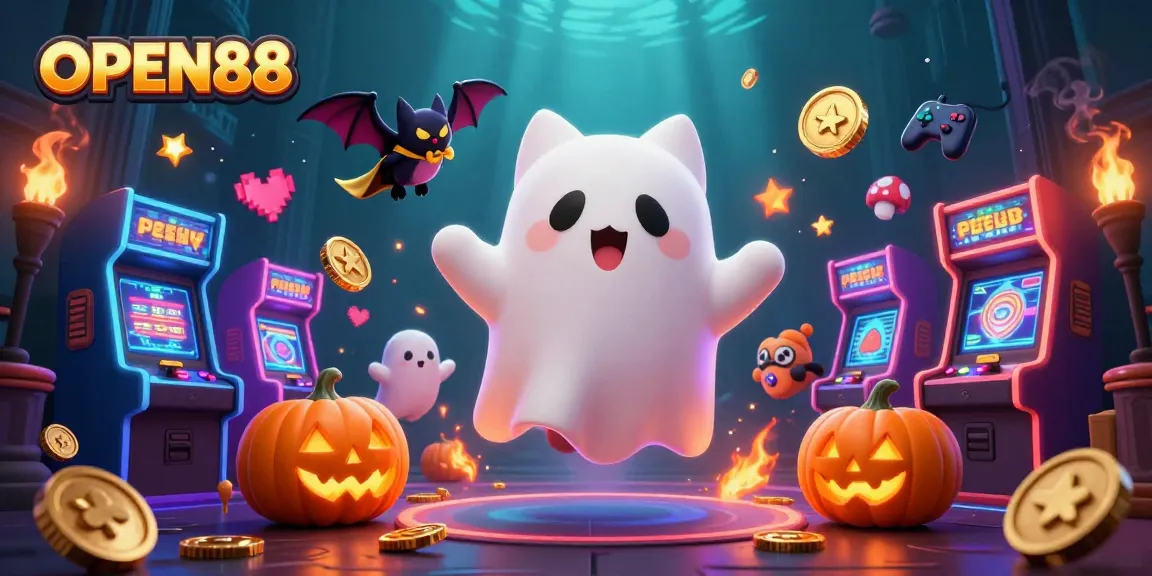 Engage with exciting games at OPEN88, featuring the playful ghost cat amidst vibrant casino elements.