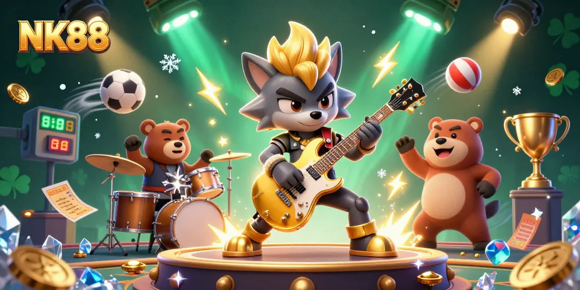 Experience the excitement at NK88 with a dynamic illustration of a rock star wolf performing on a casino stage