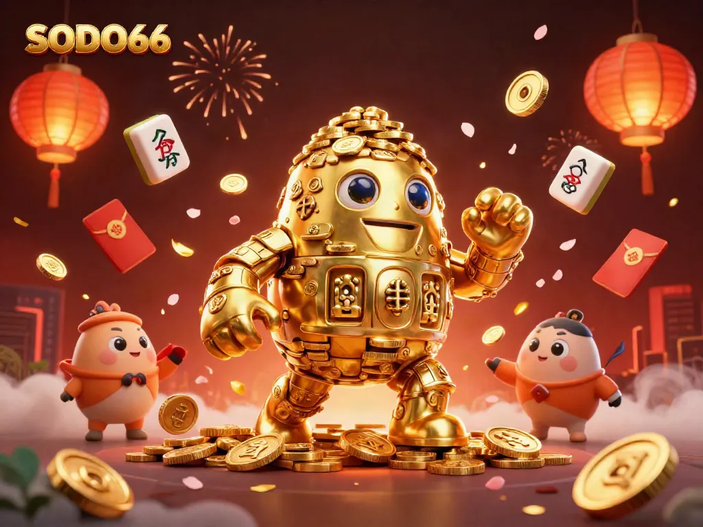 Spin the reels of fortune with SODO66's vibrant 3D illustration filled with golden golems, lucky symbols, and festive elements.
