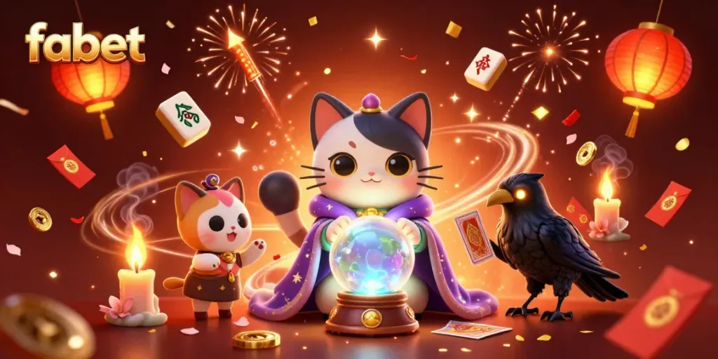 Experience the magic of fabet with a mystic cat, raven, and vibrant casino elements.