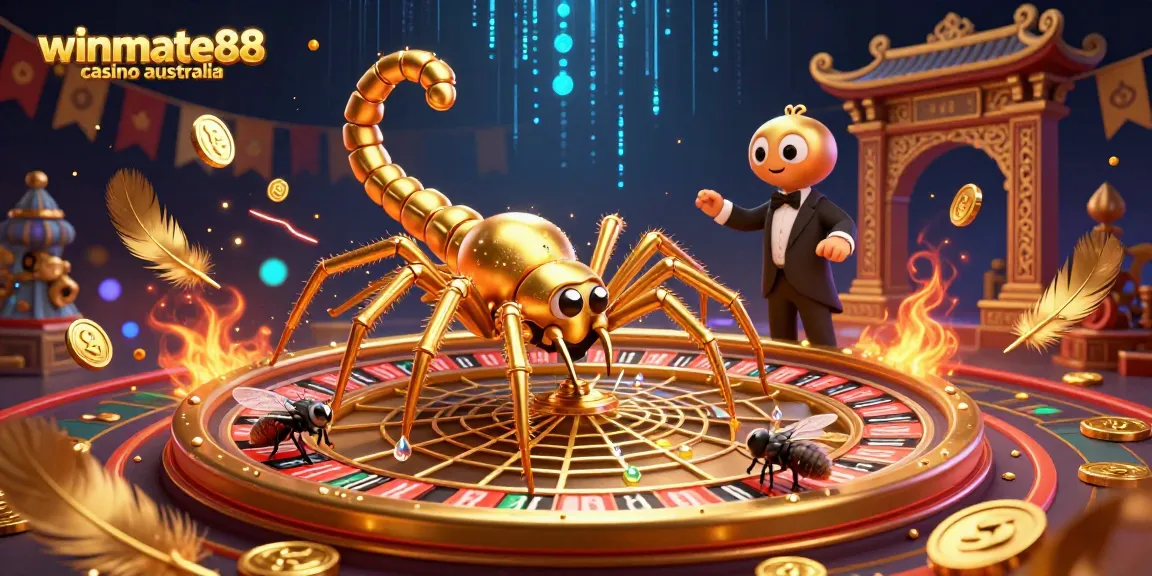 Experience thrilling action at winmate88 casino australia with a spider creating a roulette web in a vibrant 3D casino scene.