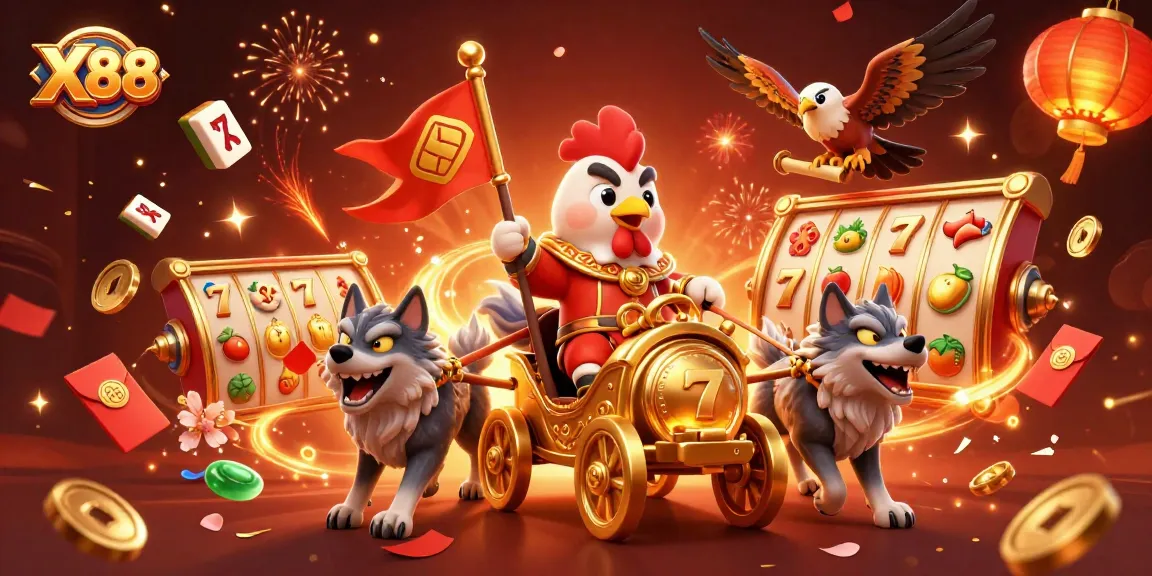X88 features a cartoon rooster warlord in a golden chariot amidst celebratory casino elements, enhancing your online gaming experience.