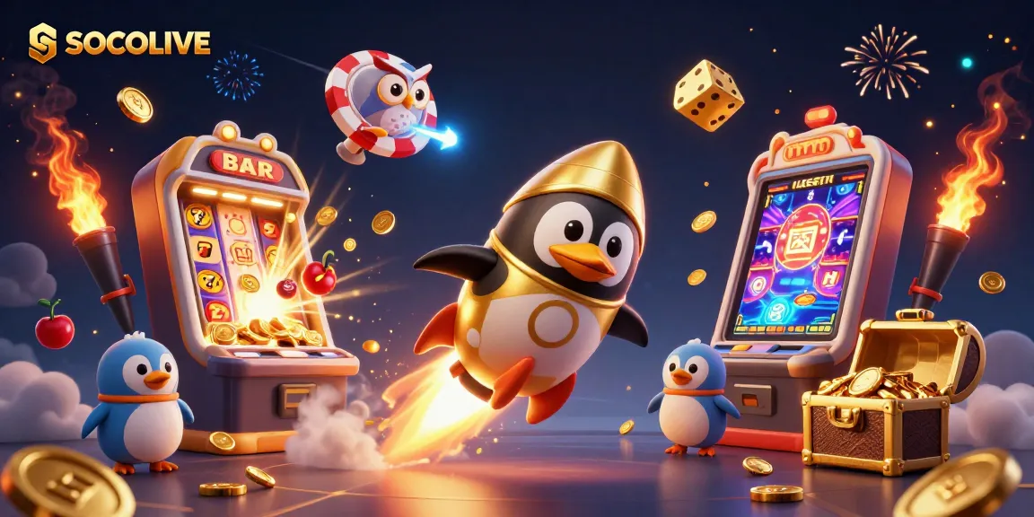 SOCOLIVE penguin zooming towards a vibrant casino chip amidst a jackpot explosion