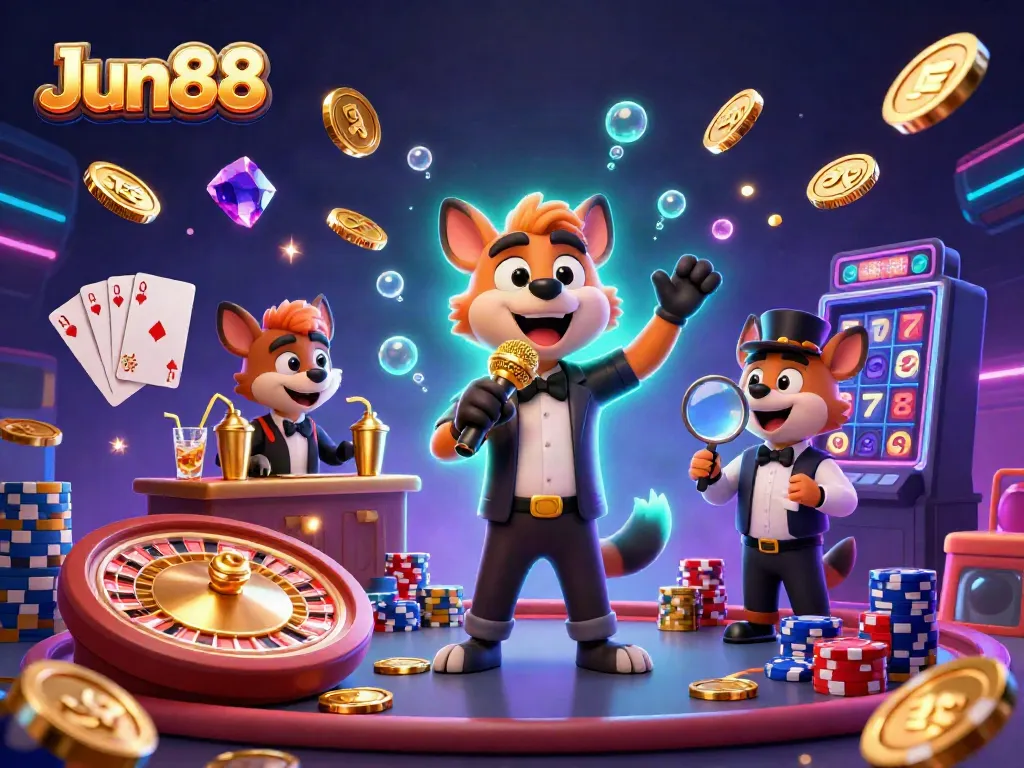 Experience the excitement at Jun88 with lively hyenas in a 3D casino scene featuring coins, cards, and vibrant lights.
