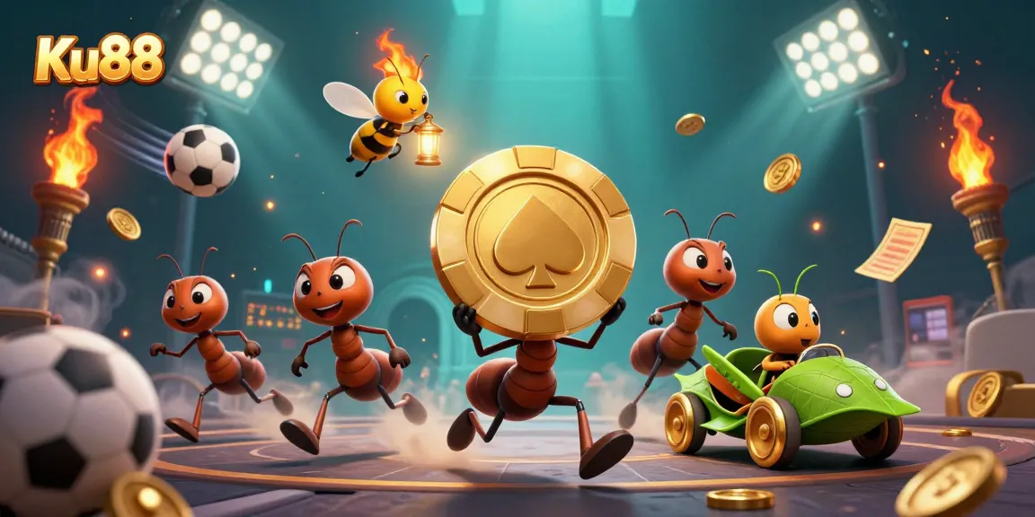 Engage with Ku88's exciting gaming world through this dynamic illustration featuring ants and sports elements.