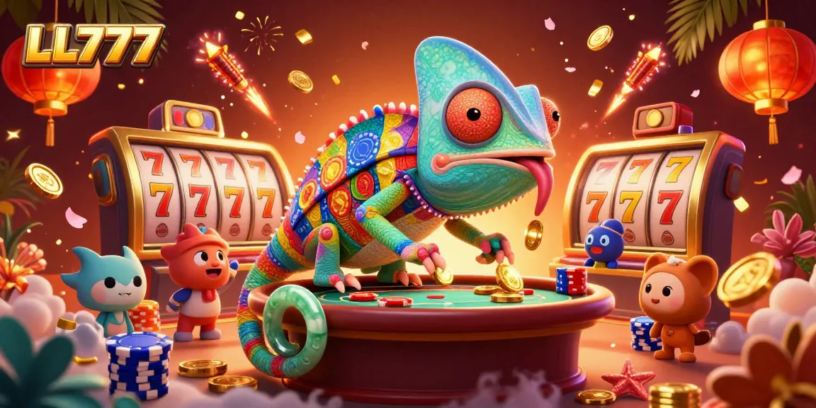 Experience LL777 excitement with a chameleon casino owner amidst vibrant slot action and festive themes.